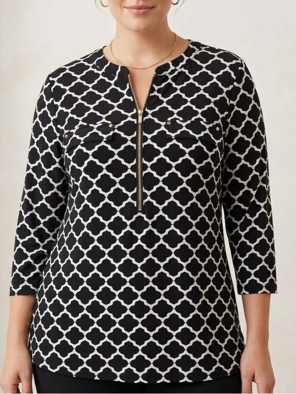 INC Black and White Geometric Zipped Top